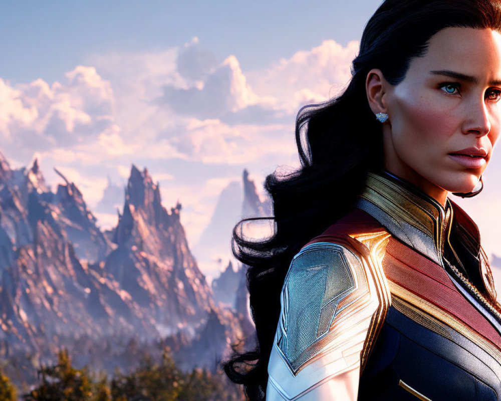 Dark-haired woman in futuristic armor against sunset mountains