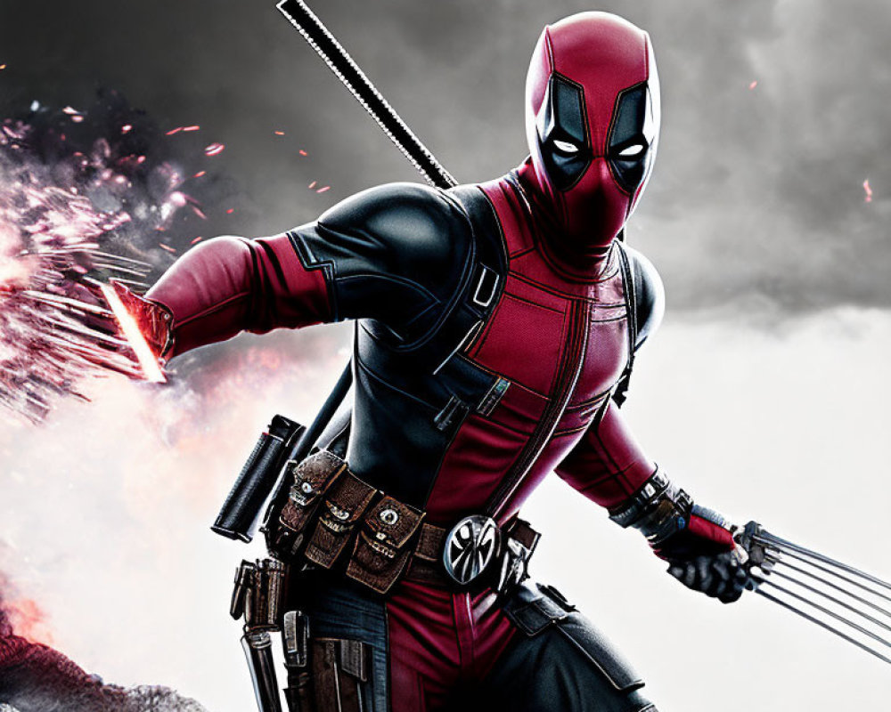Marvel character in red and black suit with sword, amidst explosive background