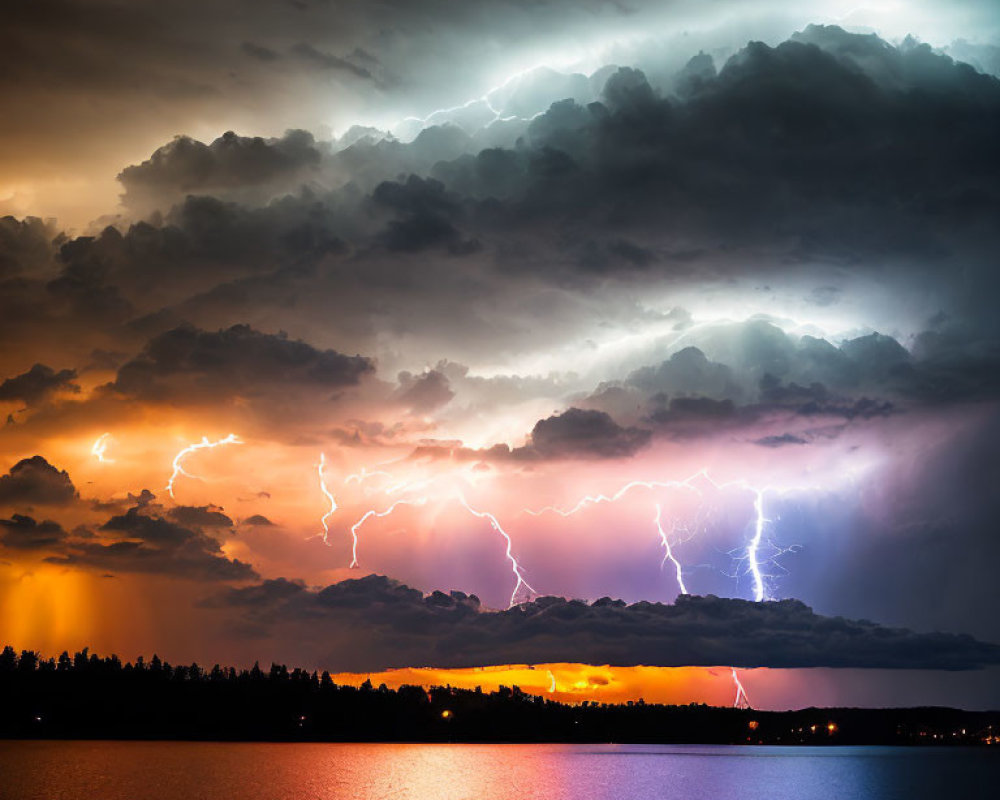 Dramatic sunset thunderstorm with lightning strikes over lake