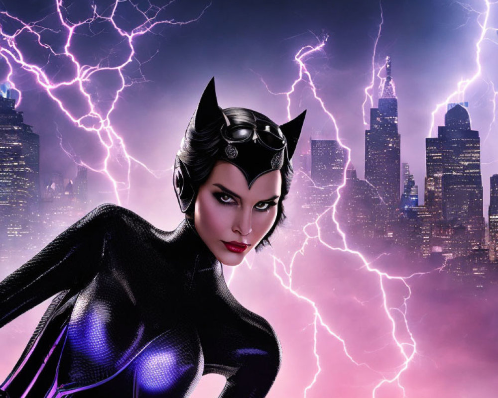 Animated female character in Catwoman costume with city skyline and lightning.