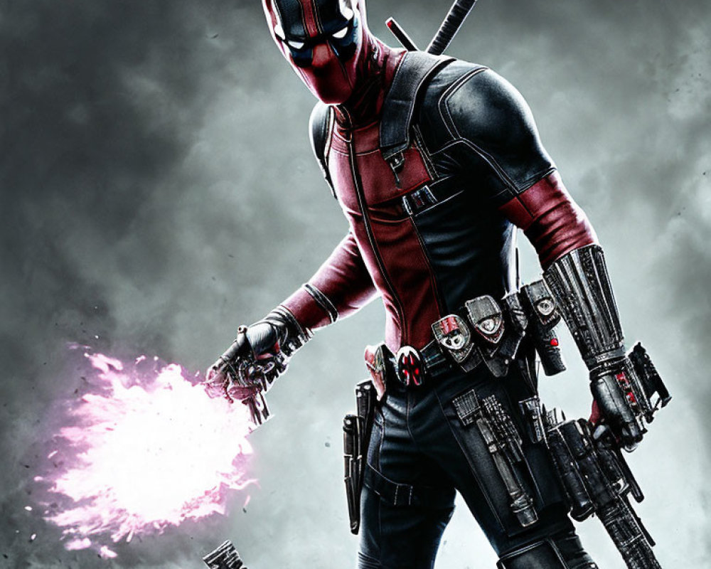 Superhero in Red and Black Costume with Pink Flame Weapon on Gray Background
