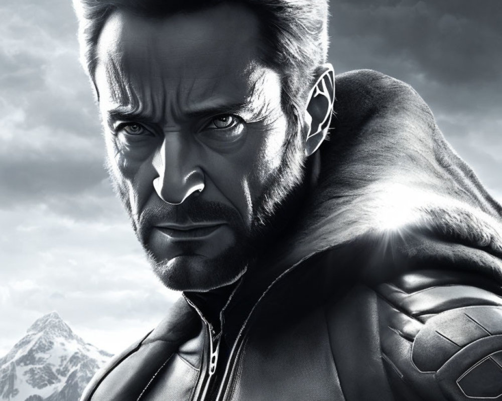 Intense male character with stubble in black leather outfit against mountainous backdrop