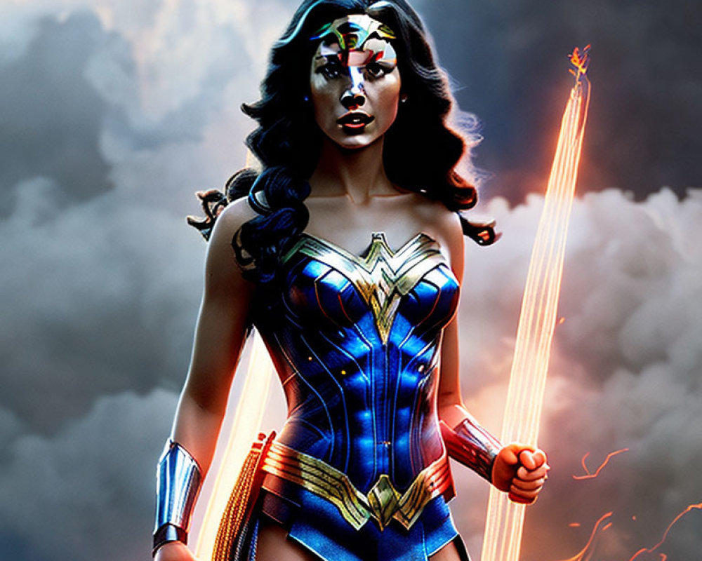 Female superhero in red and blue suit with tiara and lasso against stormy sky