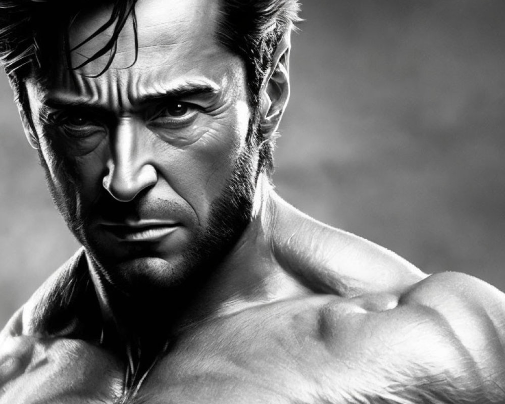 Muscular male character with beard and windswept hair in grayscale illustration