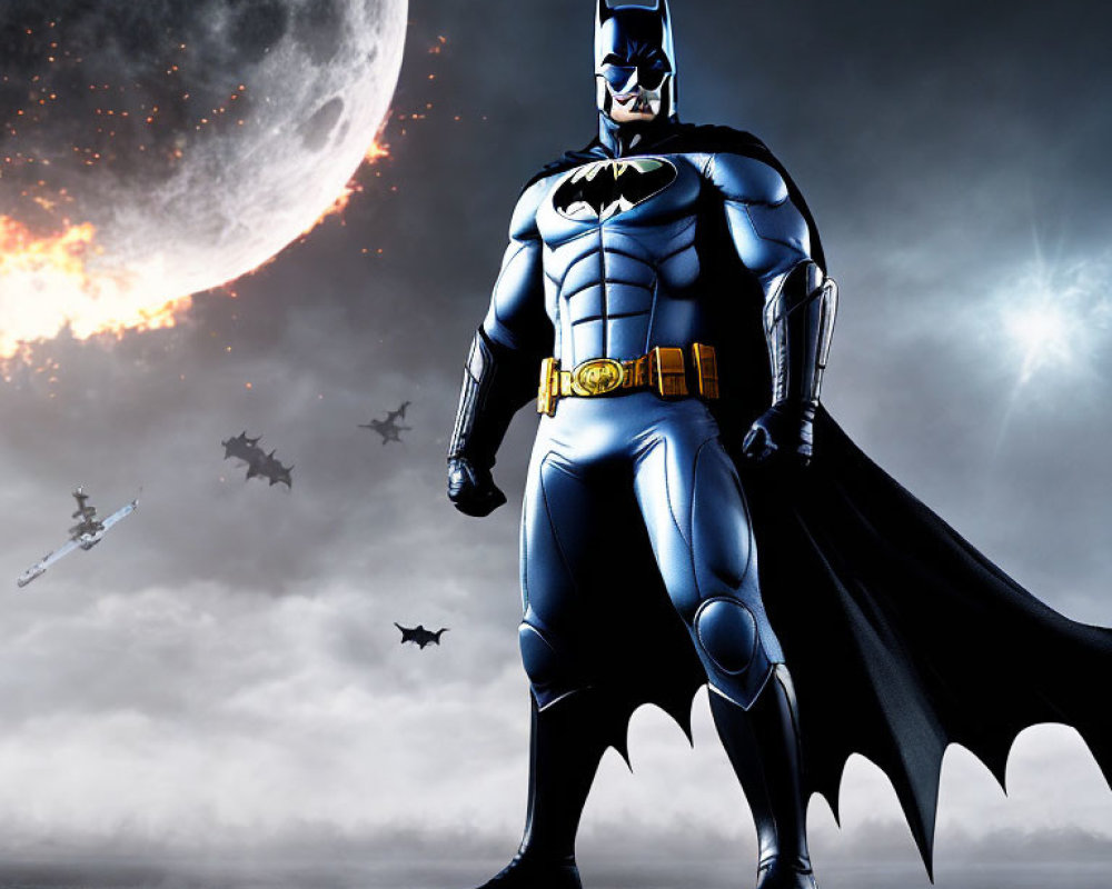 Moonlit superhero with cape and mask under night sky with bats and jet silhouettes