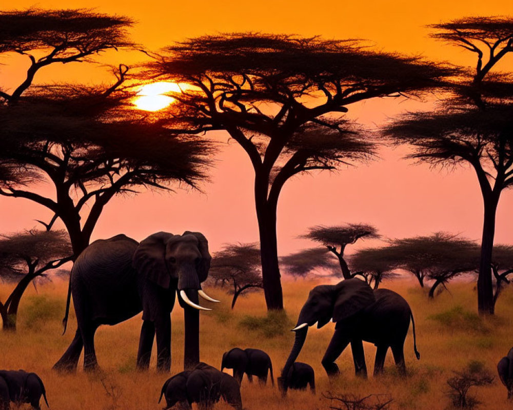 Elephants walking under vibrant orange savanna sunset