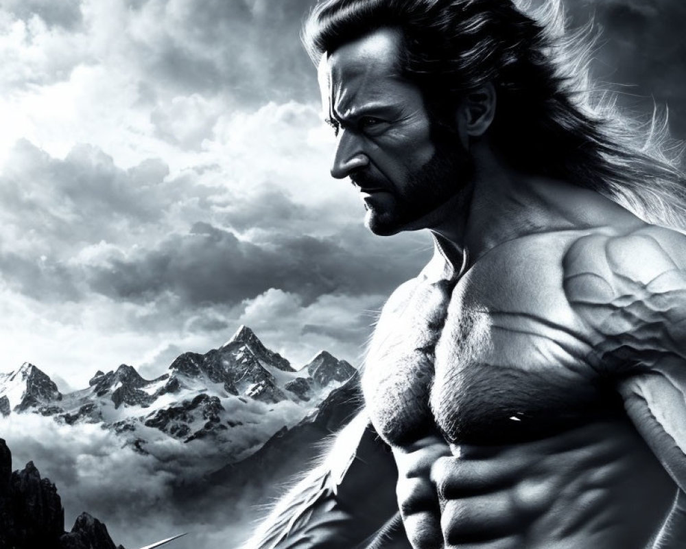 Monochrome illustration of muscular man with claws against mountainous backdrop