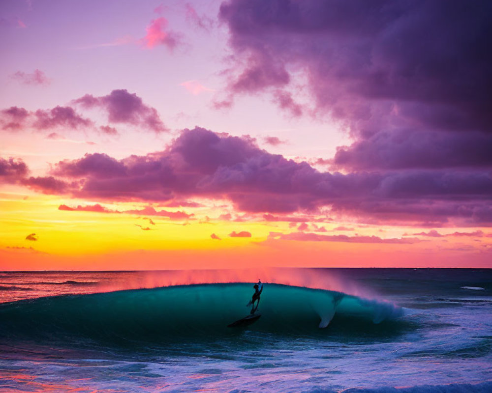 Surfer riding large wave at sunset with vibrant purple and orange skies