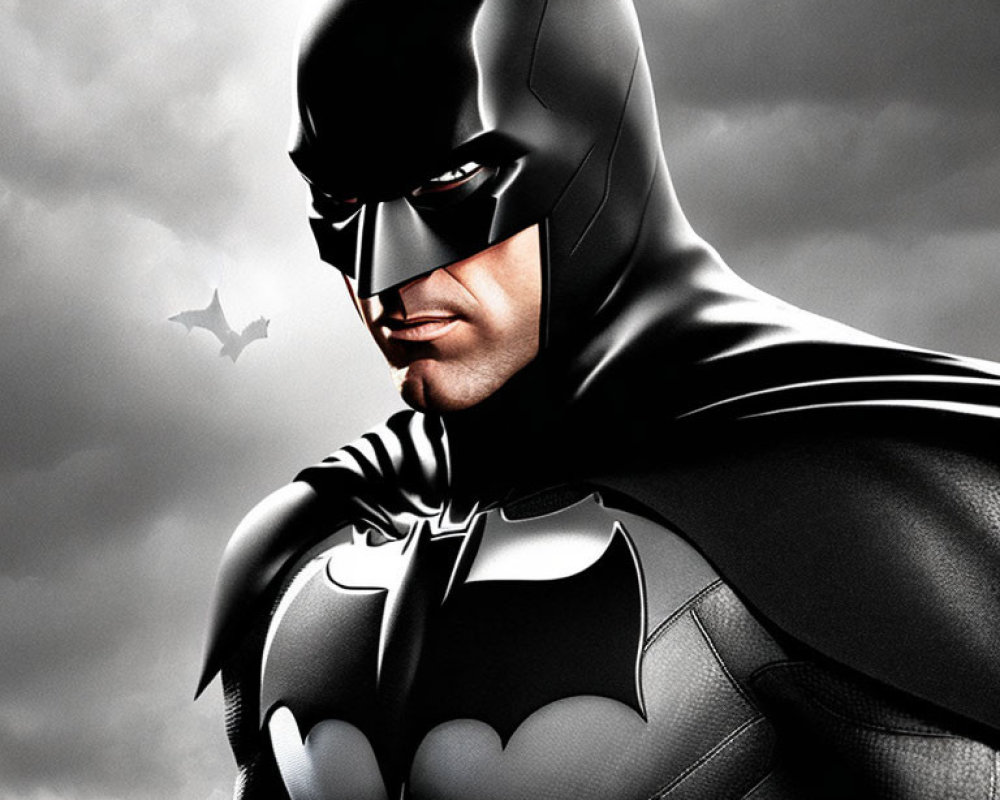 Close-Up of Batman in Iconic Suit and Cowl Against Cloudy Sky