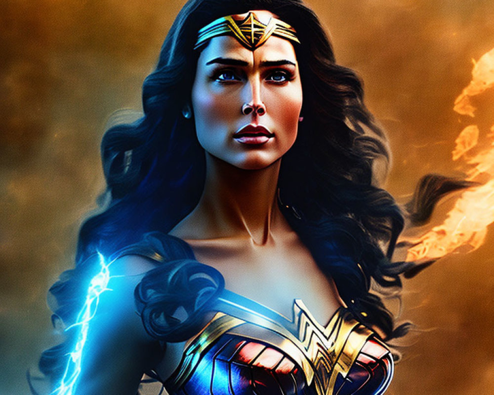 Female superhero with dark hair, golden tiara, armor, lightning, flames, fierce gaze