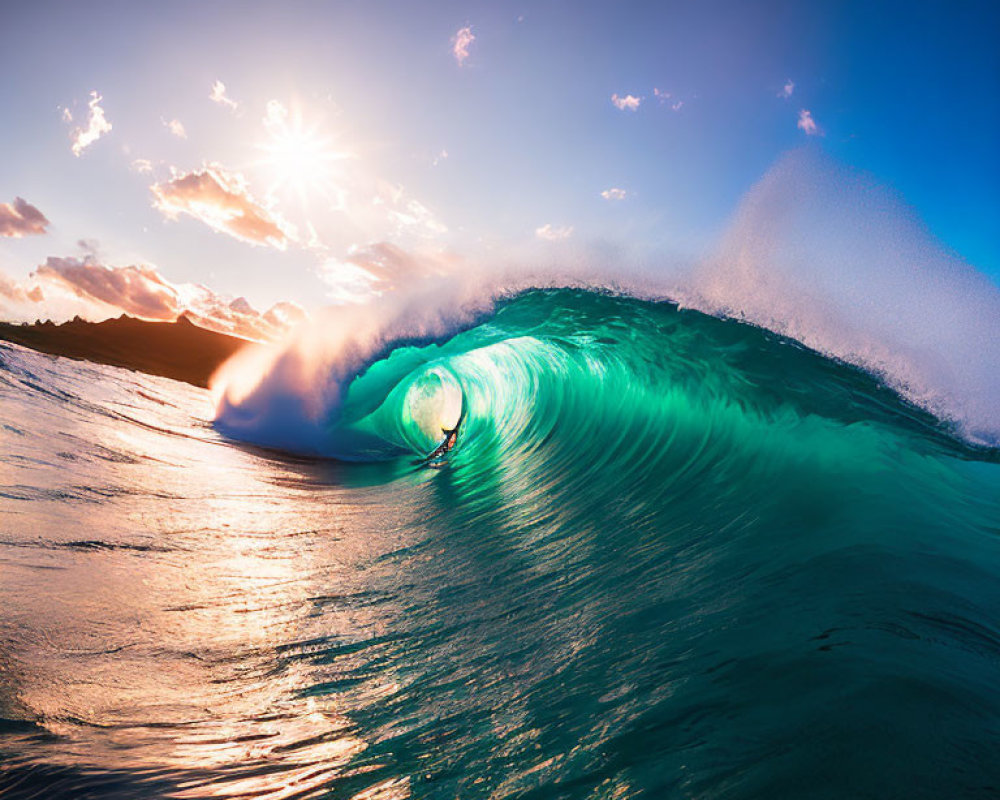 Surfer riding towering wave under radiant sunset