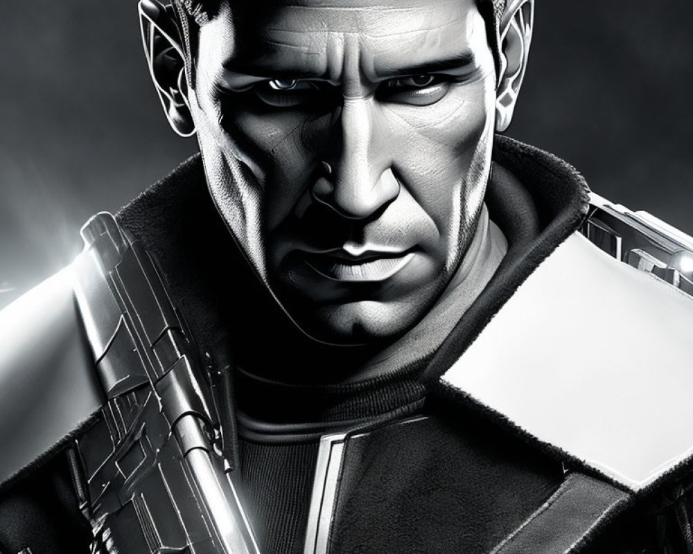 Detailed digital artwork of stern male character with futuristic rifle in armored suit.