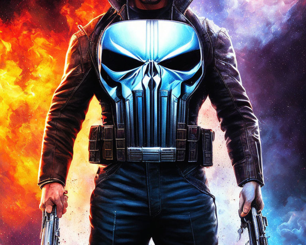 Illustration of person in leather jacket with skull emblem, holding guns, in cosmic setting