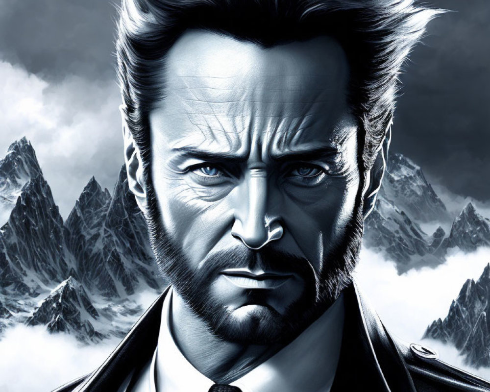 Monochrome digital art of rugged male character with intense eyes, beard, suit, against mountainous backdrop