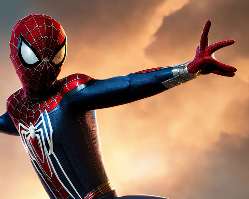 Person in Spider-Man costume poses against dramatic cloudy sky