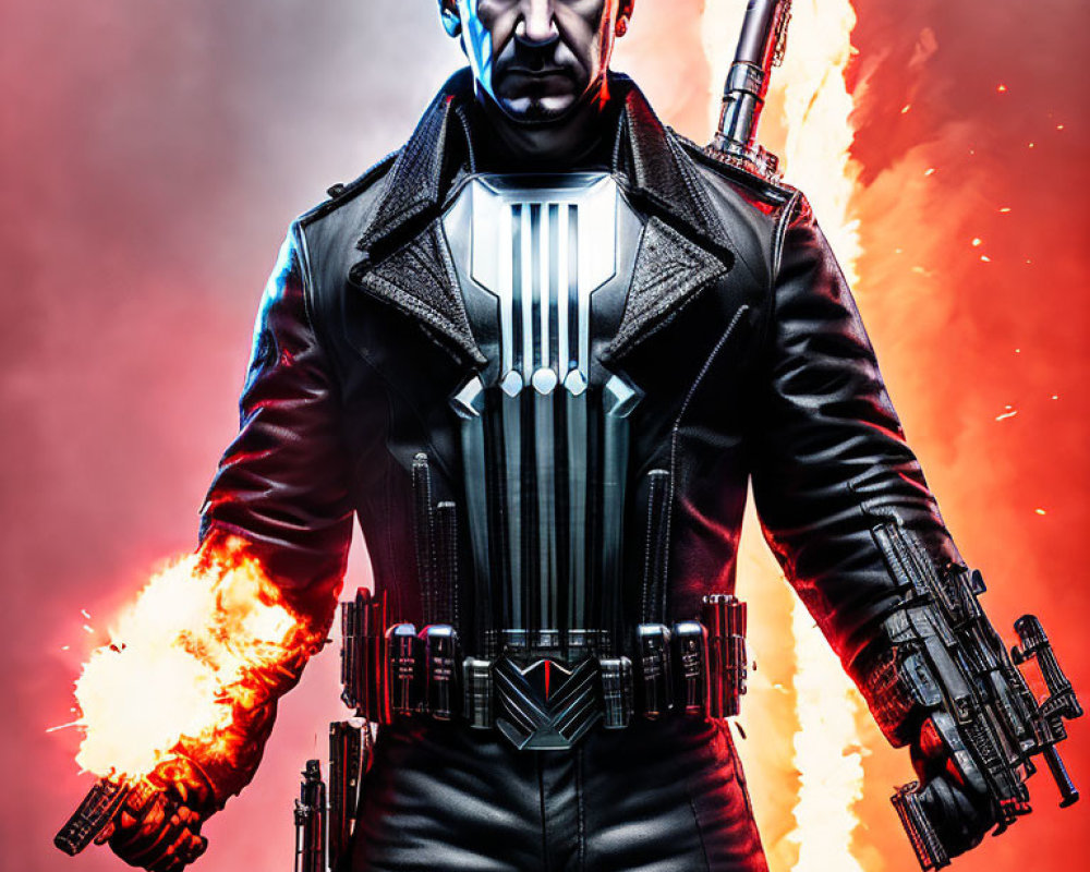 Futuristic warrior in black leather outfit with weapons surrounded by flames