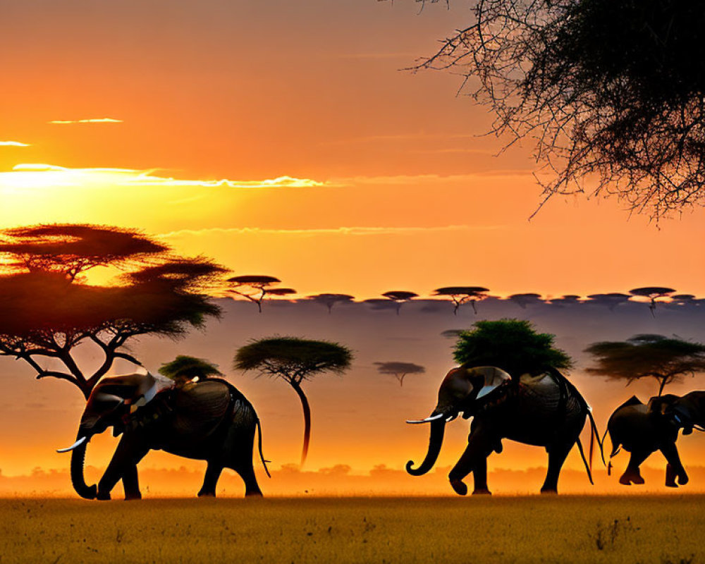 Elephants Walking in Line at Sunset on Savanna