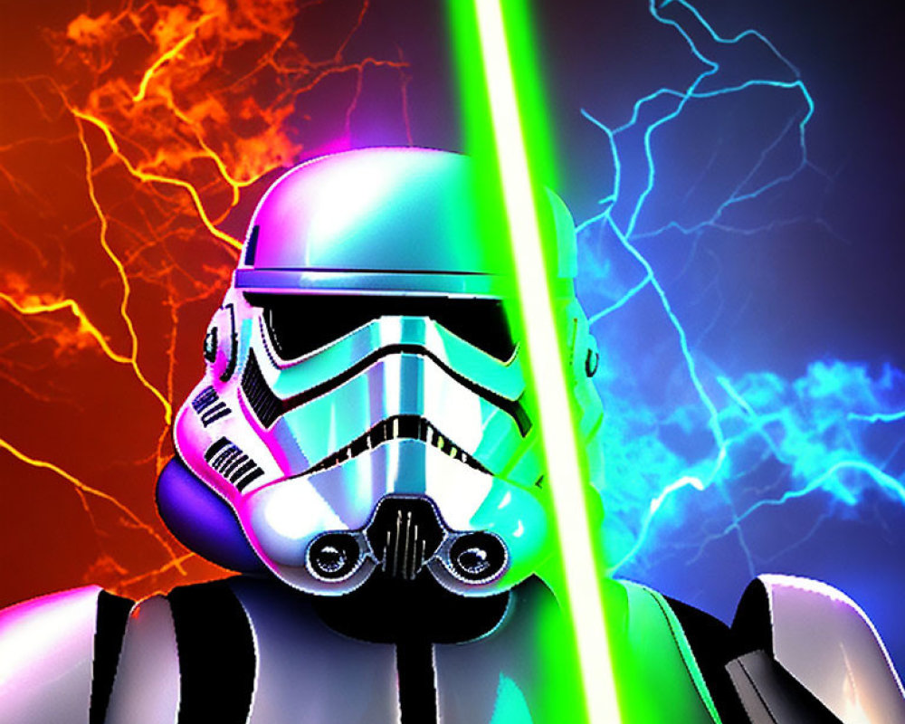 Stormtrooper helmet with green lightsaber beam and lightning backdrop