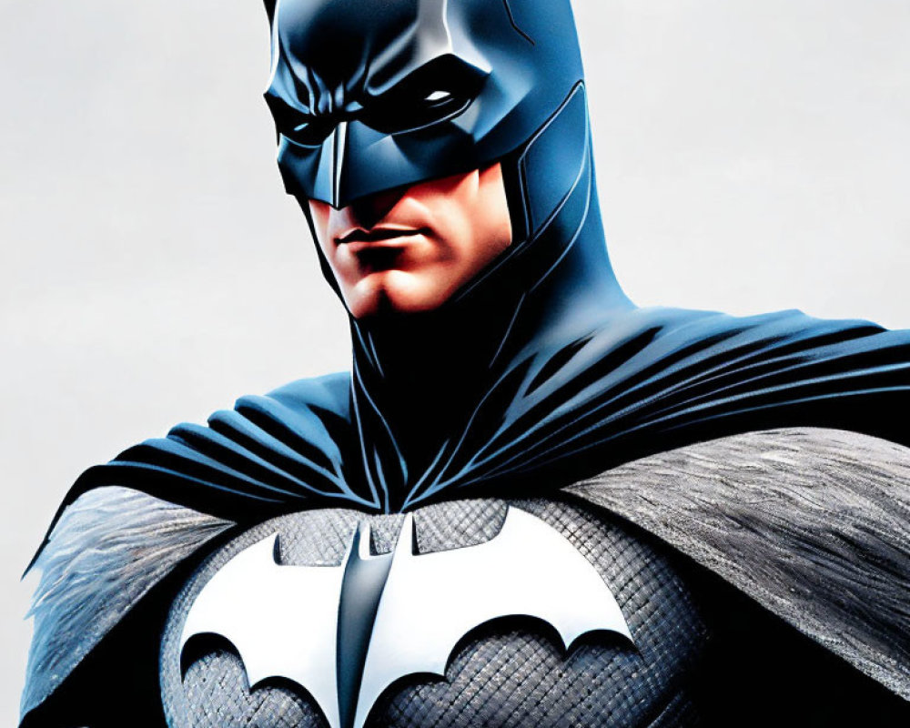 Detailed Batman illustration in black mask and cape with bat emblem