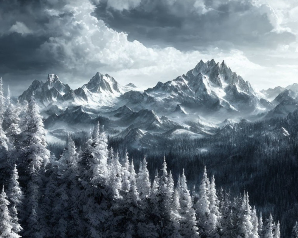 Winter landscape with snow-covered pine trees and rugged mountains under dramatic sky