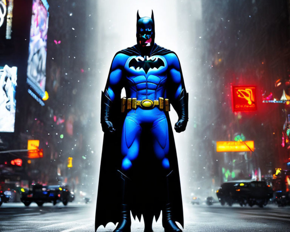 Person in Batman costume in city street with glowing billboards and falling snow
