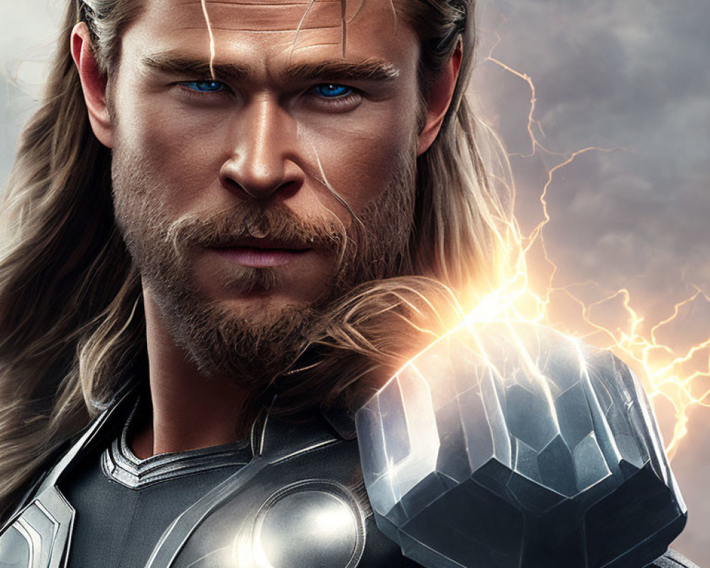 Blonde Male Superhero in Armor with Hammer and Lightning