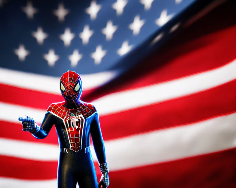 Person in Spider-Man Suit Poses with American Flag