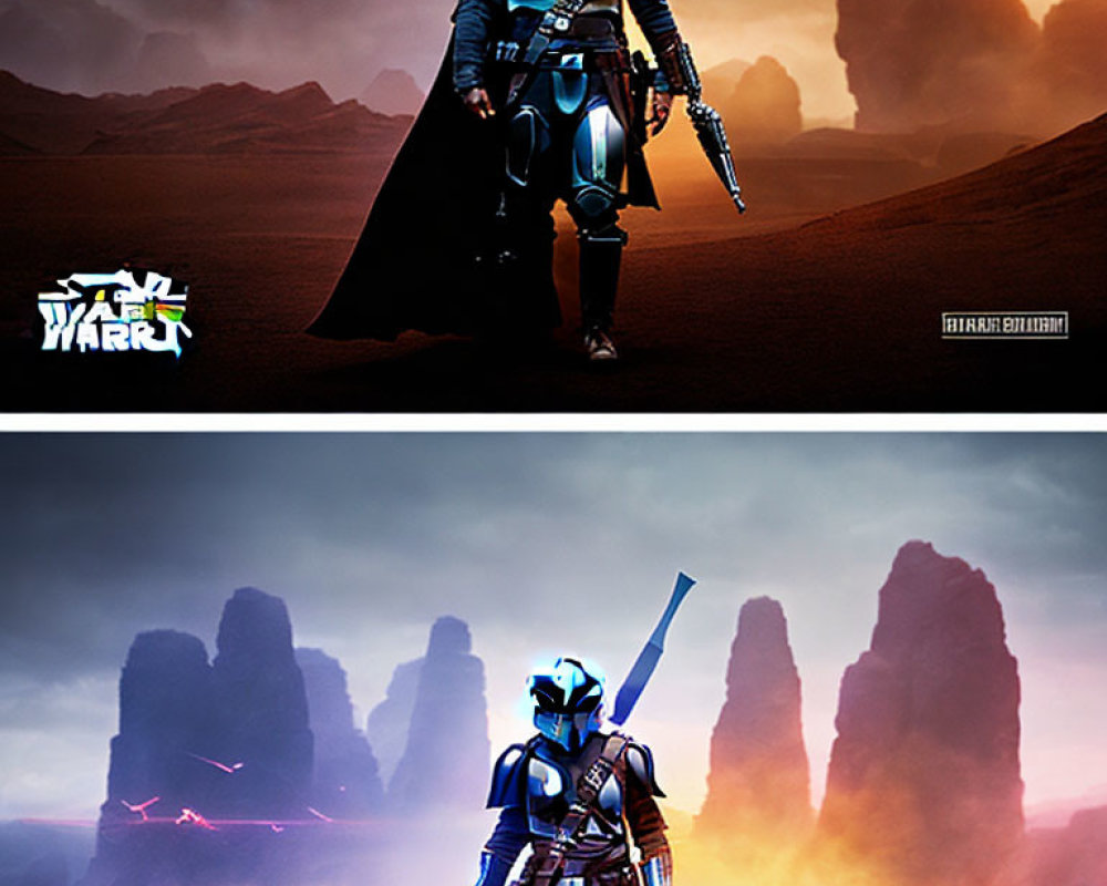 Armored character in sci-fi desert landscape with dramatic lighting