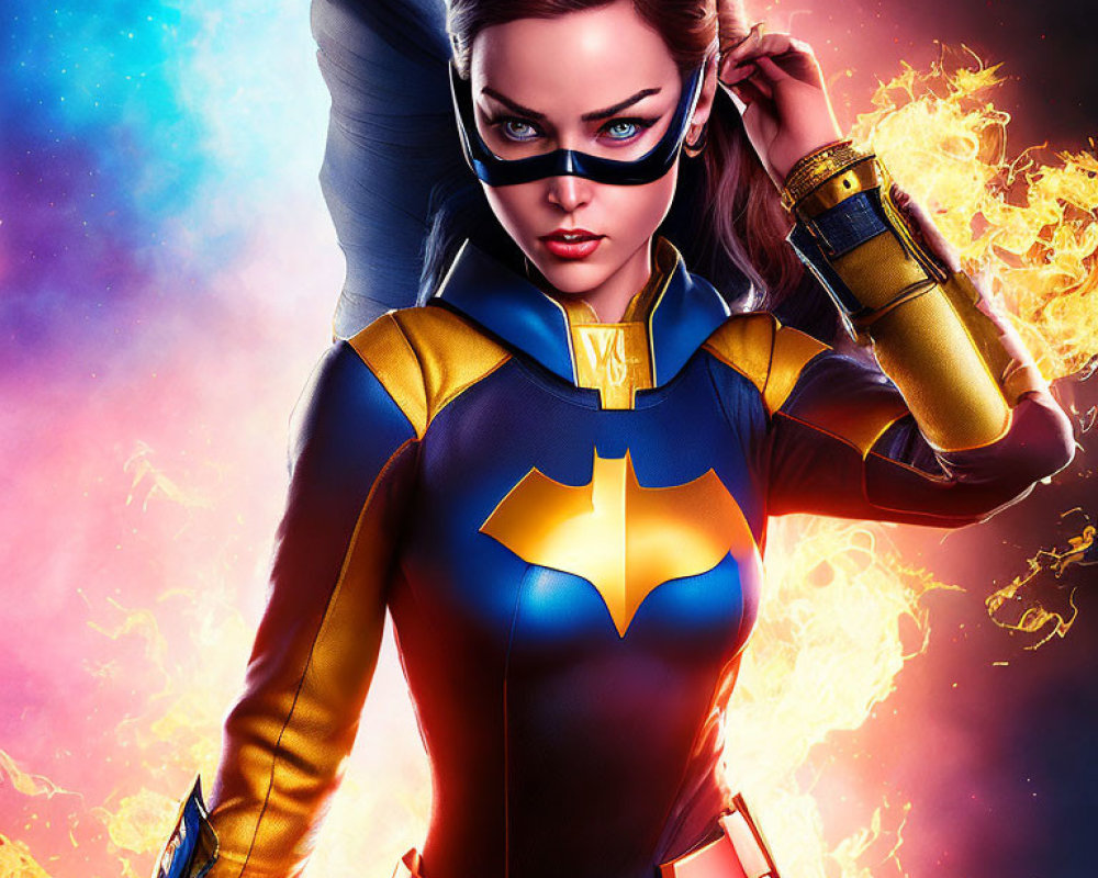 Female superhero in blue and gold costume with bat emblem against fiery backdrop