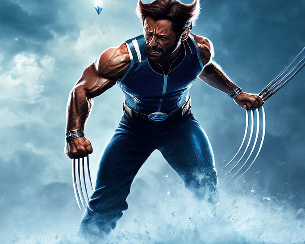 Aggressive Wolverine with extended claws in blue tank top against smoky backdrop