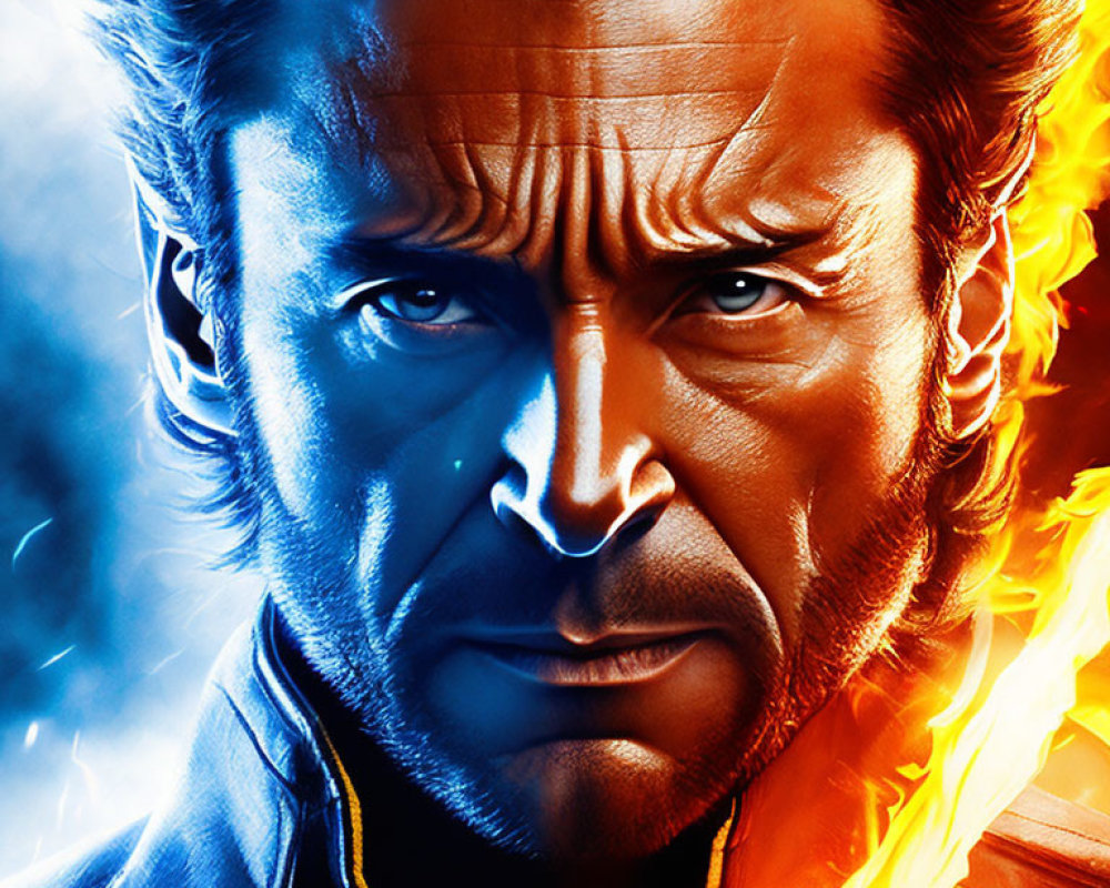Male character with blue eyes and facial hair against fiery backdrop