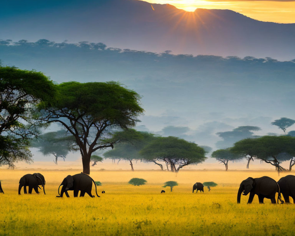 Elephants in savanna with sunrise, mountains, and acacia tree