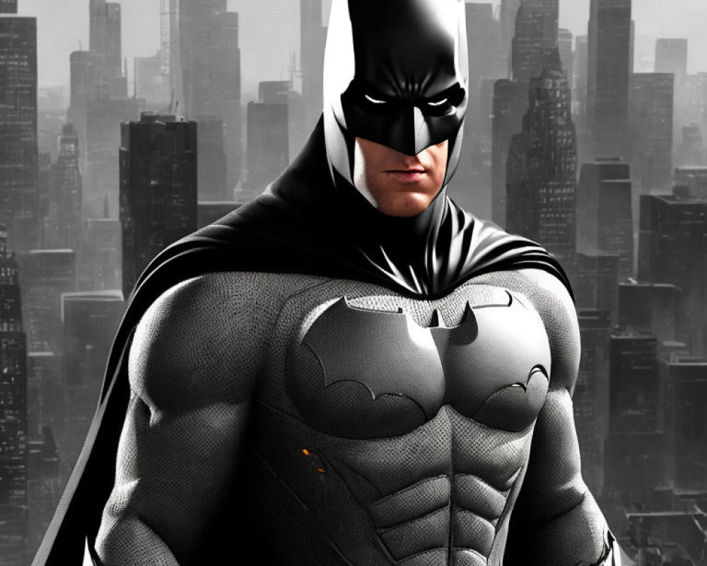 Close-up of Batman in costume against cityscape.
