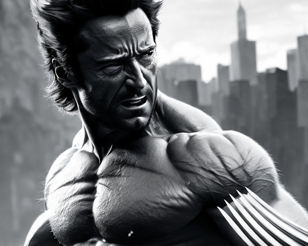 Monochrome illustration of a muscular character with adamantium claws