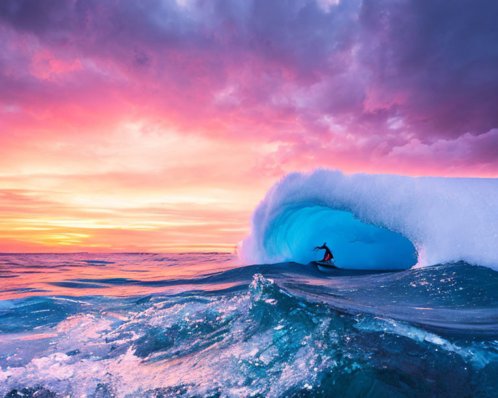 Surfer riding large wave at pink and purple sunset.