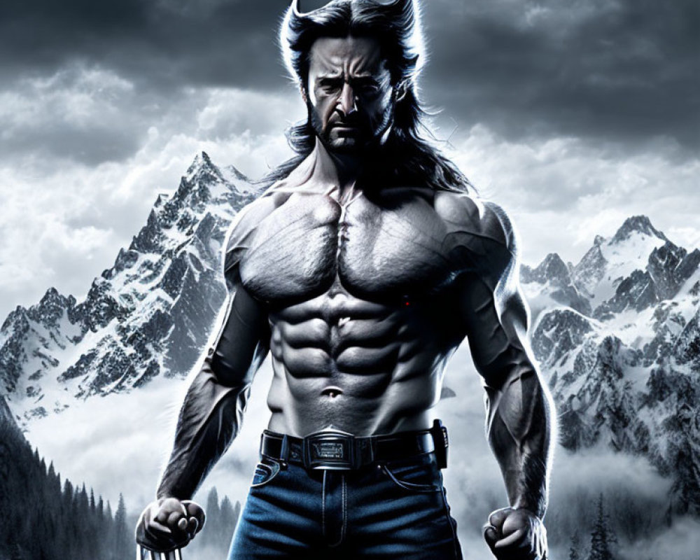Muscular superhero with metal claws in snowy mountain backdrop