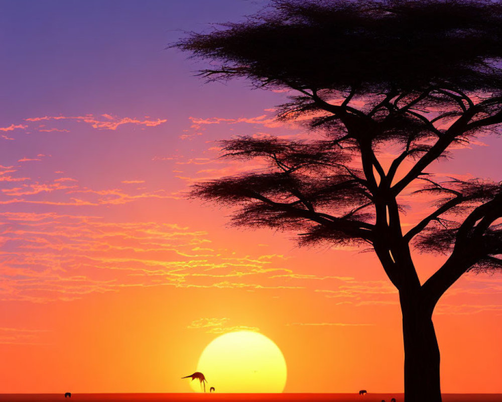 African Savanna Sunset Landscape with Tree Silhouette