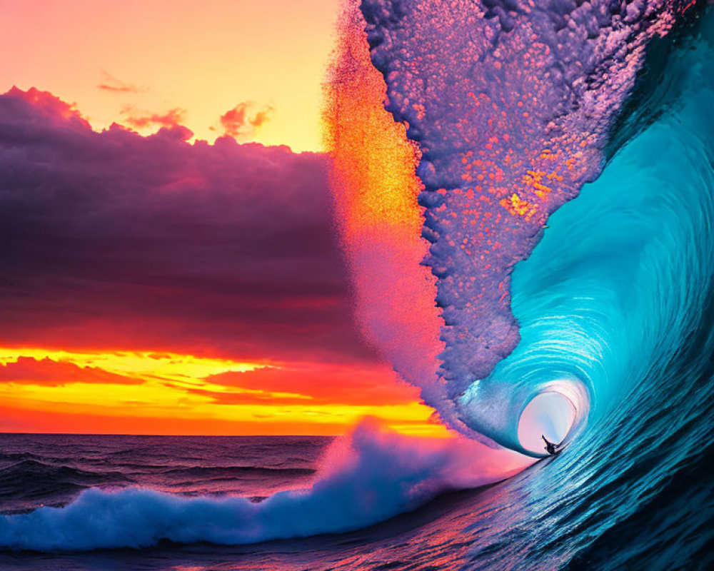 Surfer riding towering wave at vibrant sunset.