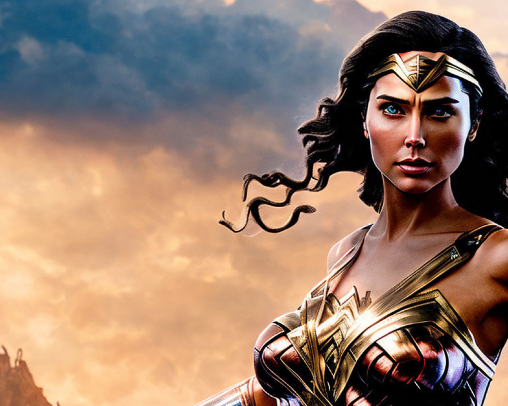Portrait of superheroine with golden tiara and armor under cloudy sunset sky