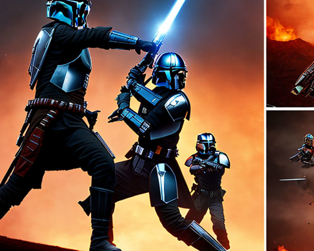 Armored characters with blaster and lightsaber in fiery battle scene
