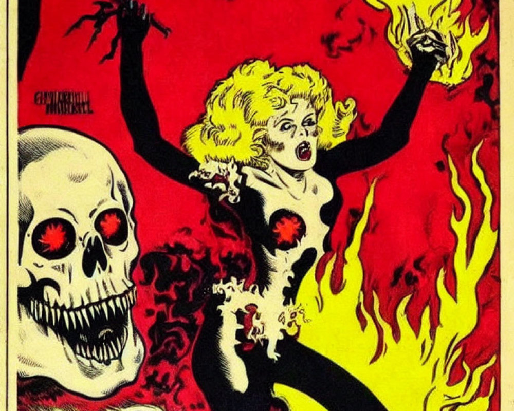 Vintage Comic Cover: Blonde Woman in Flames with Sinister Skull