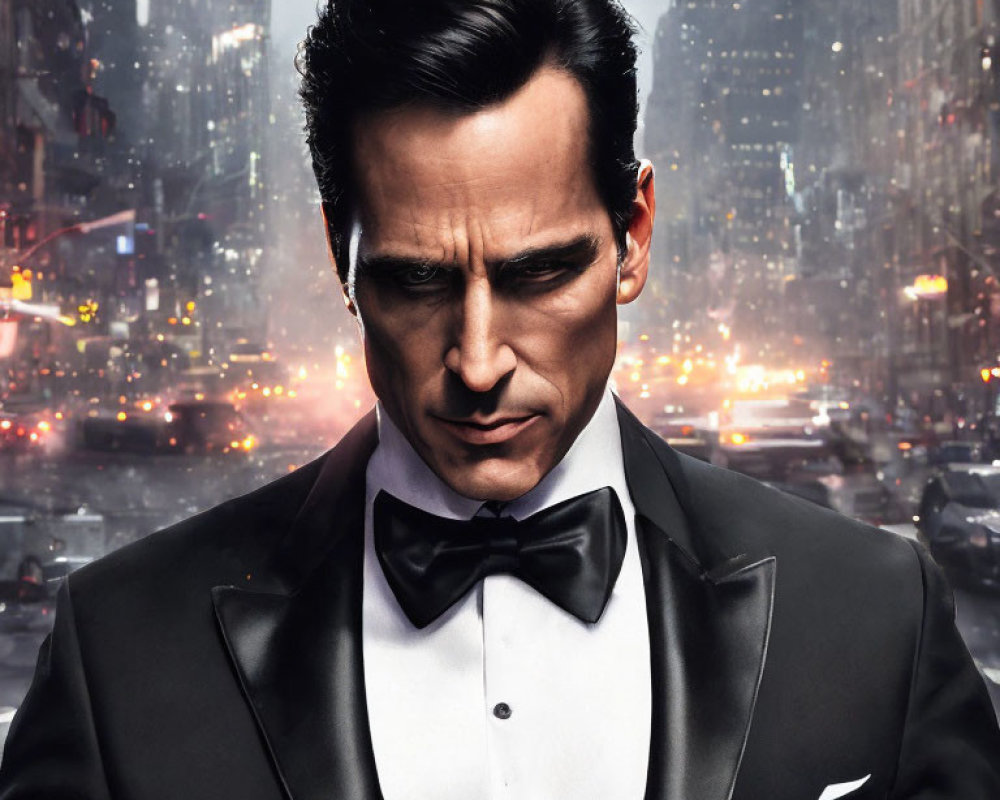 Sophisticated man in black tuxedo against cityscape at night