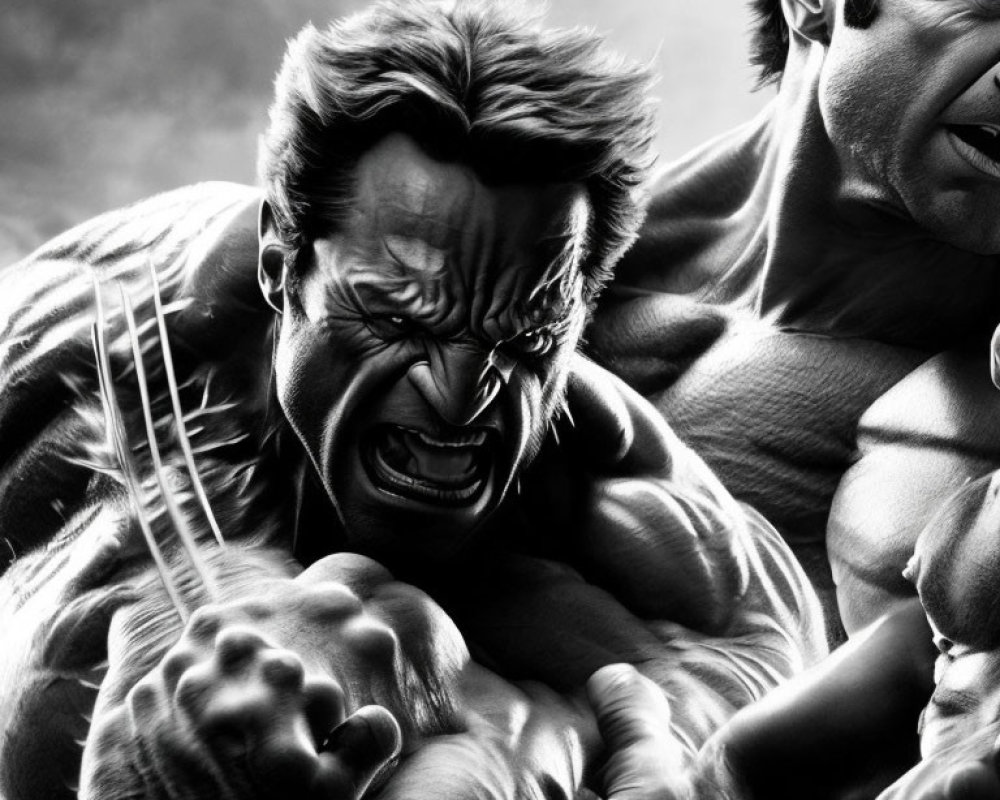 Intense black and white image of muscular character with claws beside serious figure