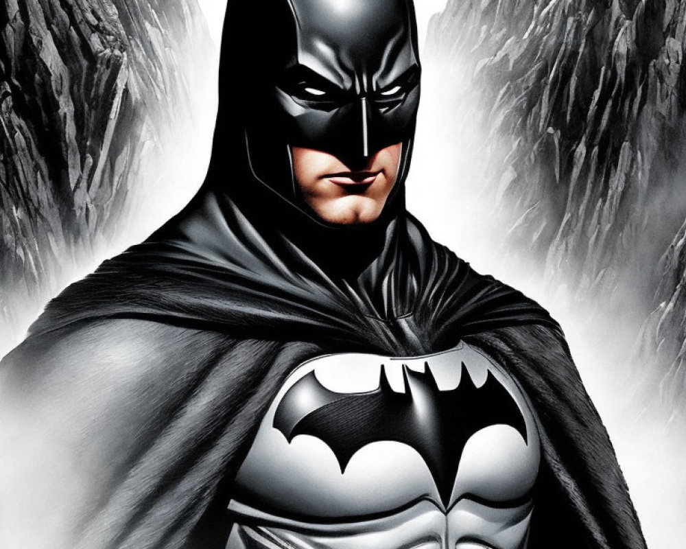 Intense Batman in black costume with bat emblem against stormy landscape