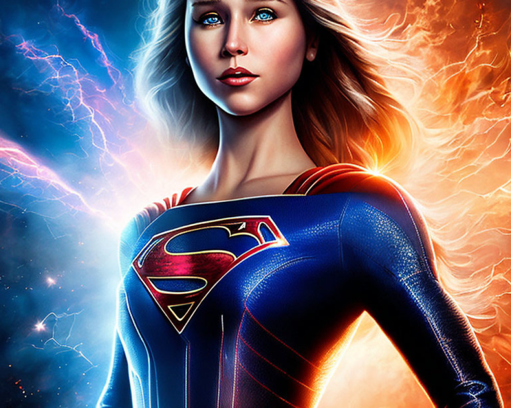 Female superhero in blue and red suit with Superman 'S' logo against fiery lightning backdrop