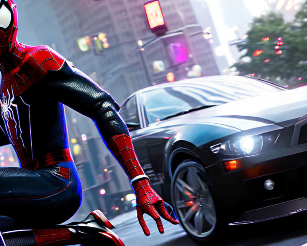 Spider-Man-like character crouching on black sports car in cityscape.