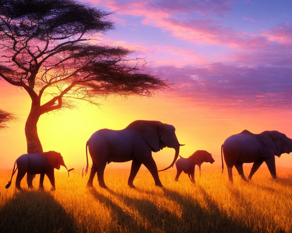 Elephant Family Walking Through Savannah at Sunrise or Sunset