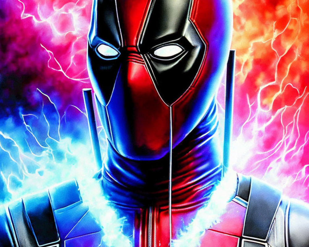 Colorful illustration of masked character in red and black armor with electric blue and purple lightning bolts.