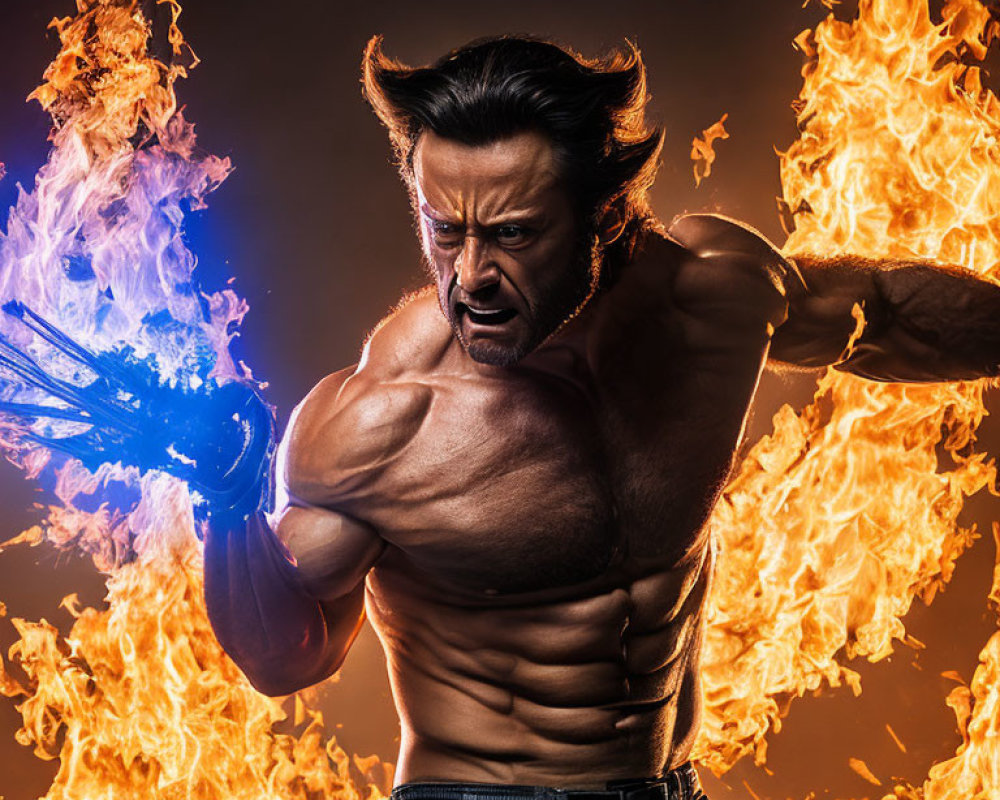 Muscular Figure with Wolverine-Style Claws in Fiery Scene