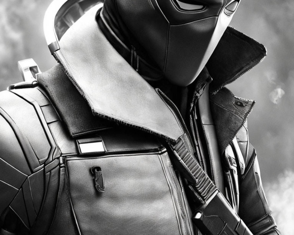 Person in Black Armored Suit with Helmet on Smoky Grey Background